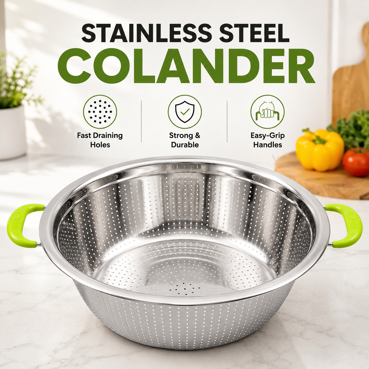 Large Stainless Steel Colander Strainer Bowl 38cm – Kitchen Vegetable, Rice, Pasta & Fruit Washing Basket with Handles - Image 7