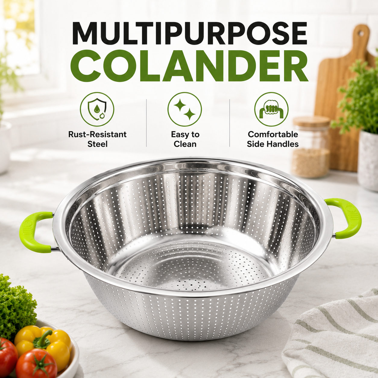 Large Stainless Steel Colander Strainer Bowl 38cm – Kitchen Vegetable, Rice, Pasta & Fruit Washing Basket with Handles - Image 6