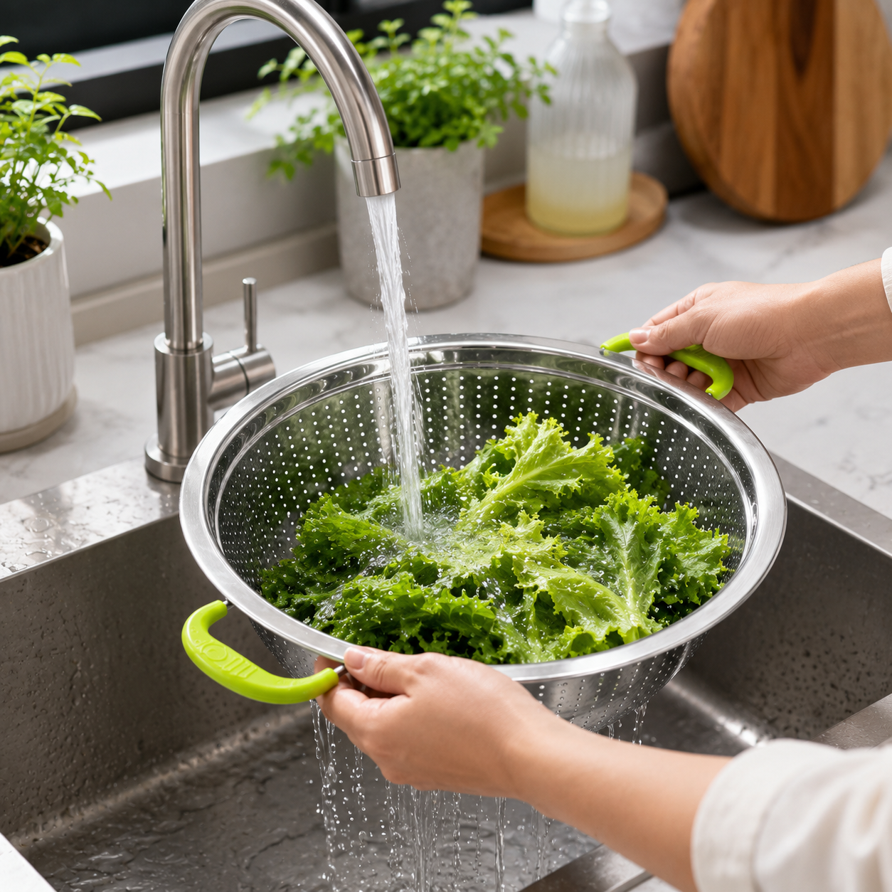 Large Stainless Steel Colander Strainer Bowl 38cm – Kitchen Vegetable, Rice, Pasta & Fruit Washing Basket with Handles - Image 4