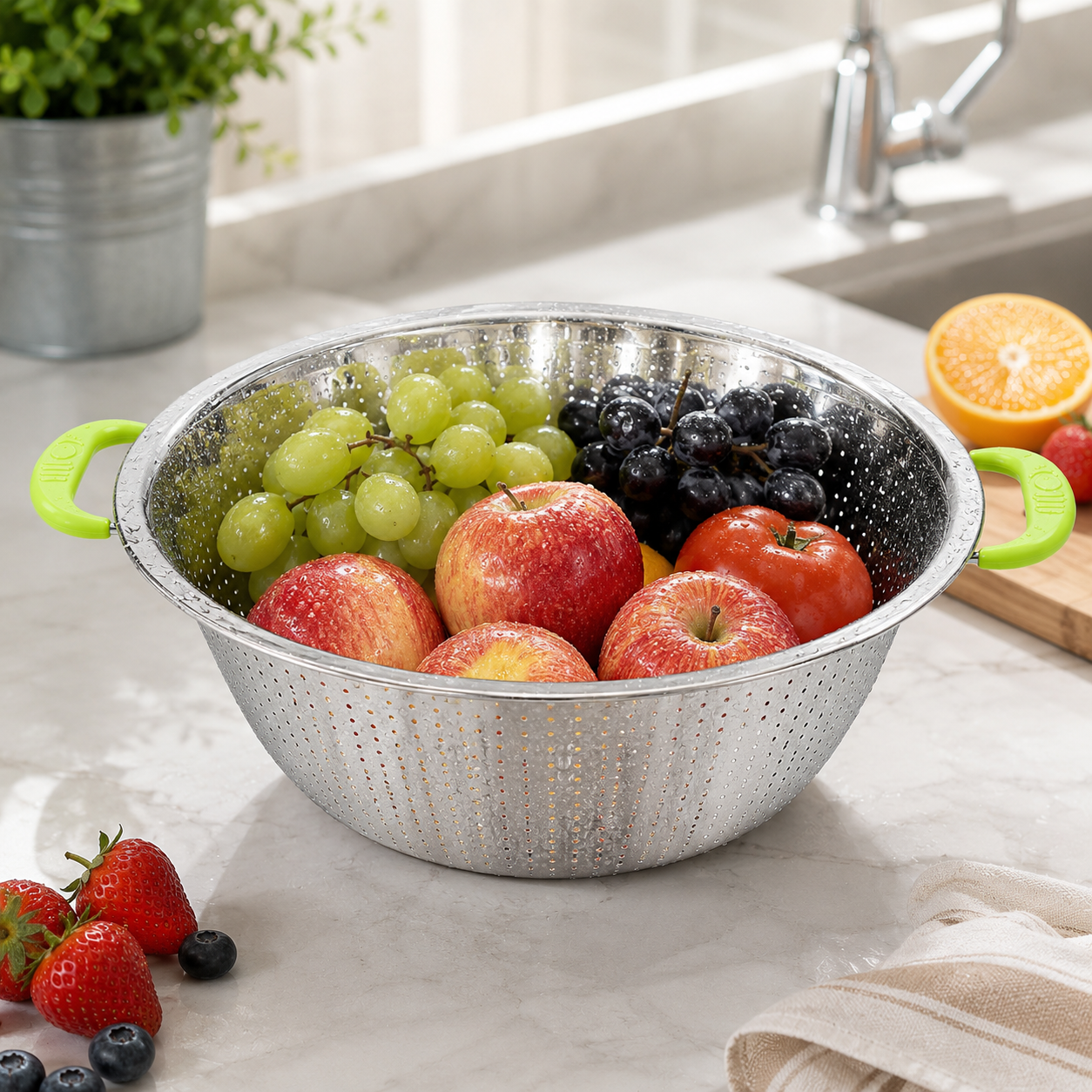 Large Stainless Steel Colander Strainer Bowl 38cm – Kitchen Vegetable, Rice, Pasta & Fruit Washing Basket with Handles - Image 2