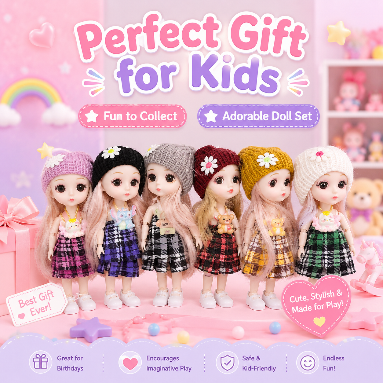 Cute Mini Fashion Doll Keychain for Girls 2 Pcs – Kawaii Bag Charm Pendant with Dress & Hat – Random Color Toy Gift for Kids - Image 4