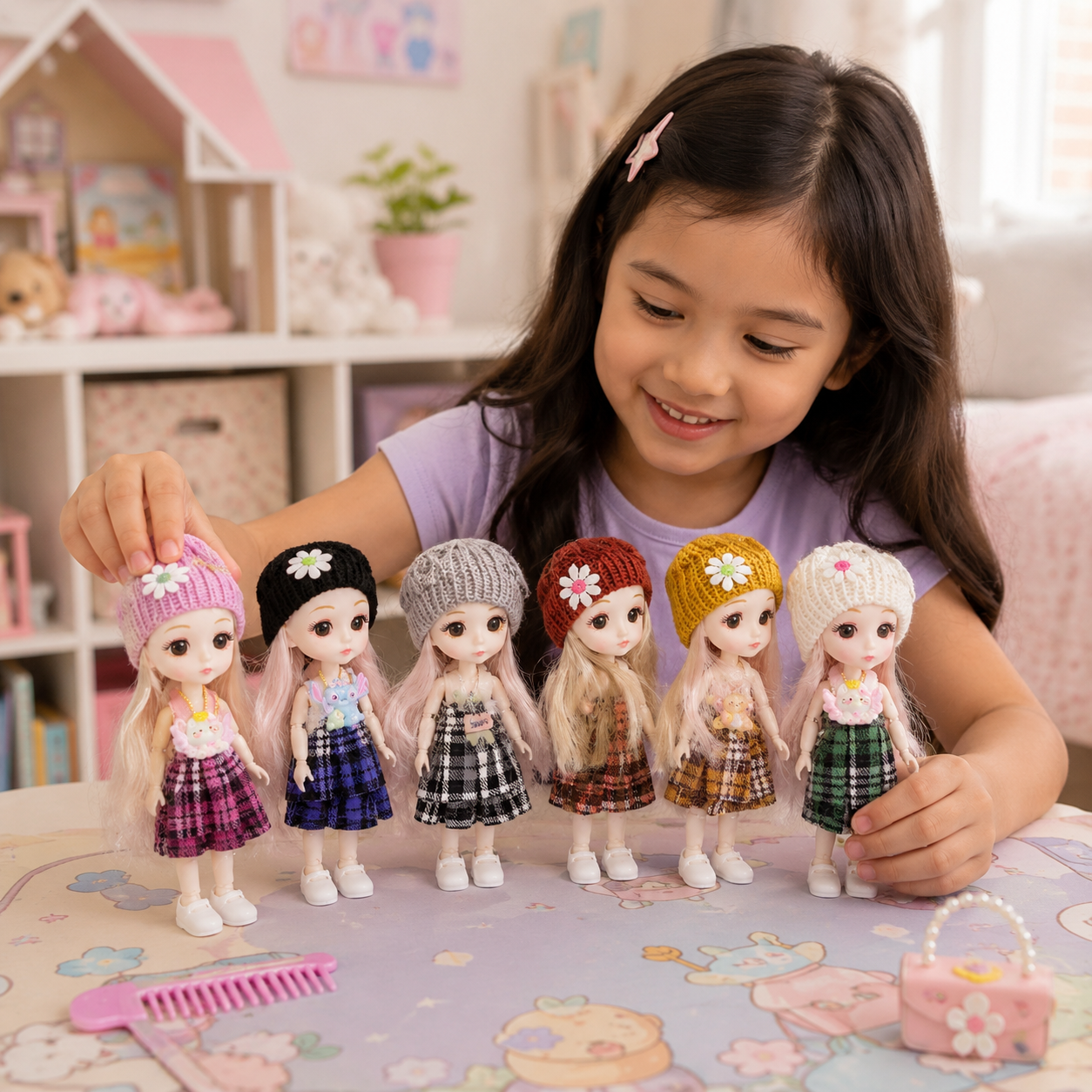 Cute Mini Fashion Doll Keychain for Girls 2 Pcs – Kawaii Bag Charm Pendant with Dress & Hat – Random Color Toy Gift for Kids - Image 5