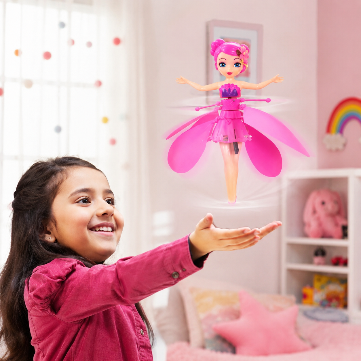Infrared Induction Flying Fairy Doll Toy for Girls – Hand Sensor Flying Aircraft with LED Light & USB Rechargeable Flying Doll – Pink - Image 3