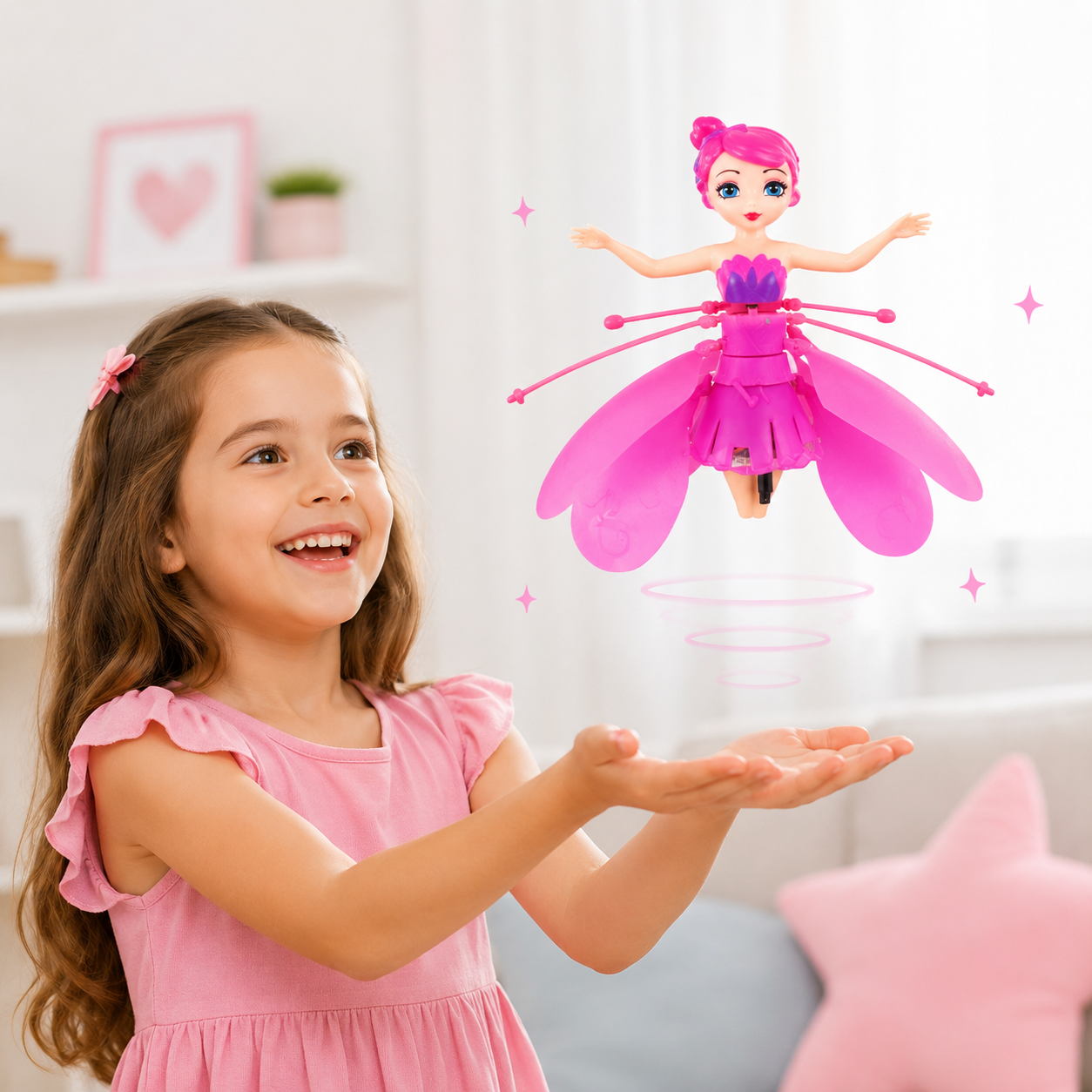 Infrared Induction Flying Fairy Doll Toy for Girls – Hand Sensor Flying Aircraft with LED Light & USB Rechargeable Flying Doll – Pink - Image 8