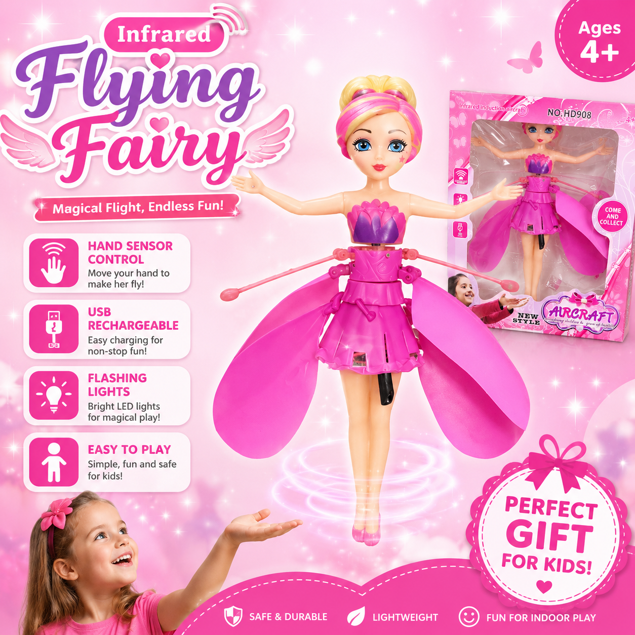Infrared Induction Flying Fairy Doll Toy for Girls – Hand Sensor Flying Aircraft with LED Light & USB Rechargeable Flying Doll – Pink - Image 4