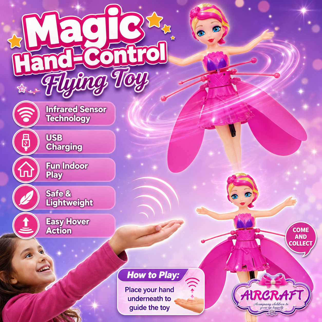 Infrared Induction Flying Fairy Doll Toy for Girls – Hand Sensor Flying Aircraft with LED Light & USB Rechargeable Flying Doll – Pink - Image 5