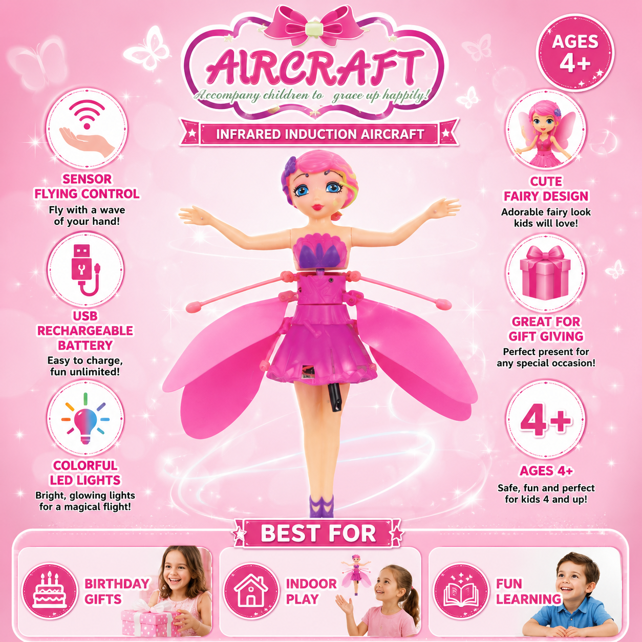 Infrared Induction Flying Fairy Doll Toy for Girls – Hand Sensor Flying Aircraft with LED Light & USB Rechargeable Flying Doll – Pink - Image 6