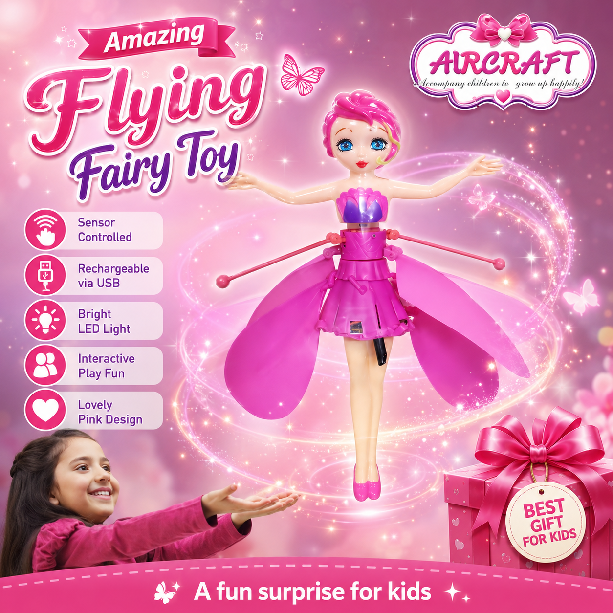 Infrared Induction Flying Fairy Doll Toy for Girls – Hand Sensor Flying Aircraft with LED Light & USB Rechargeable Flying Doll – Pink - Image 7