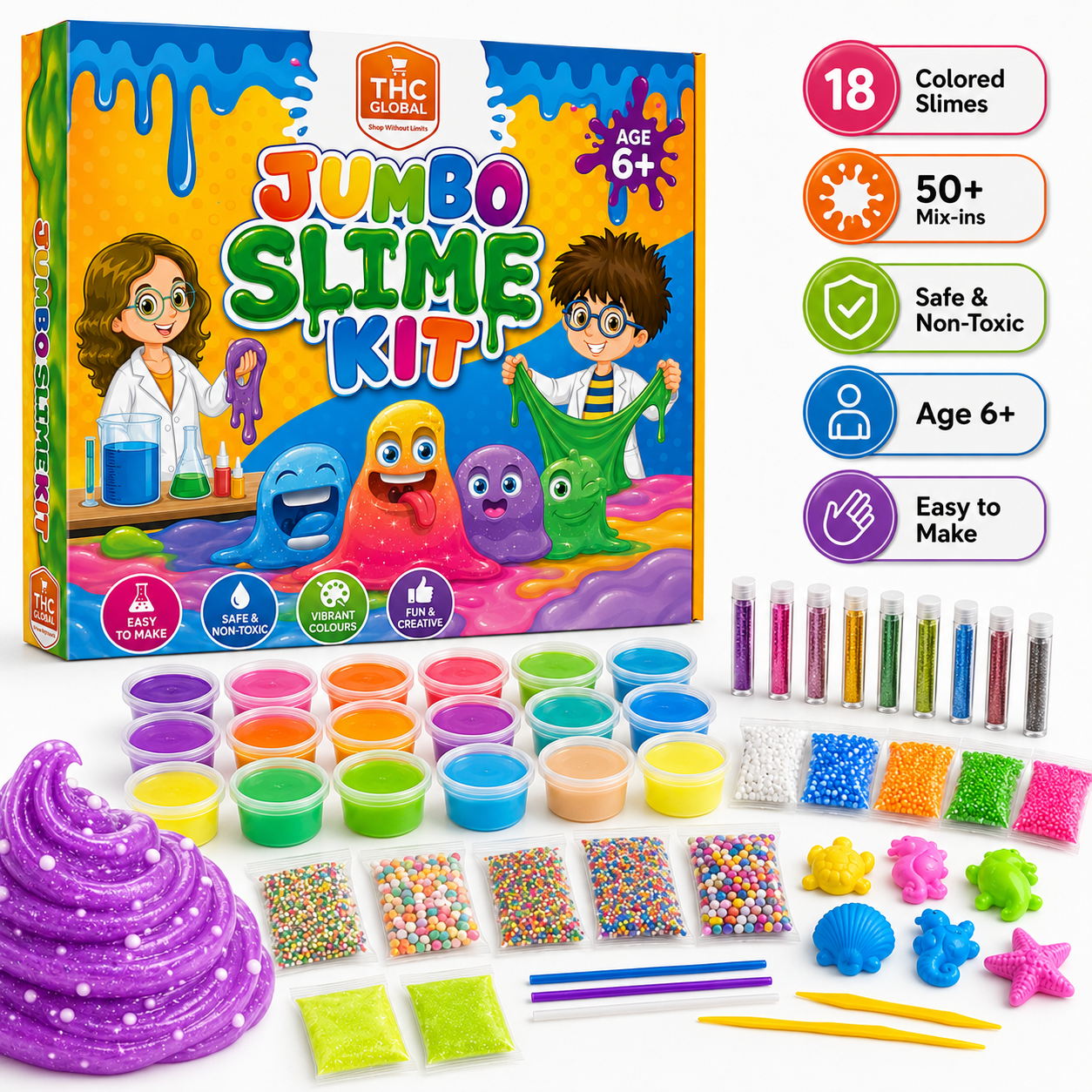 Jumbo Slime Kit for Kids 6+ – 18 Colored Slimes with 50+ Mix-Ins, DIY Non-Toxic Creative Slime Making Toy Set for Boys & Girls - Image 10