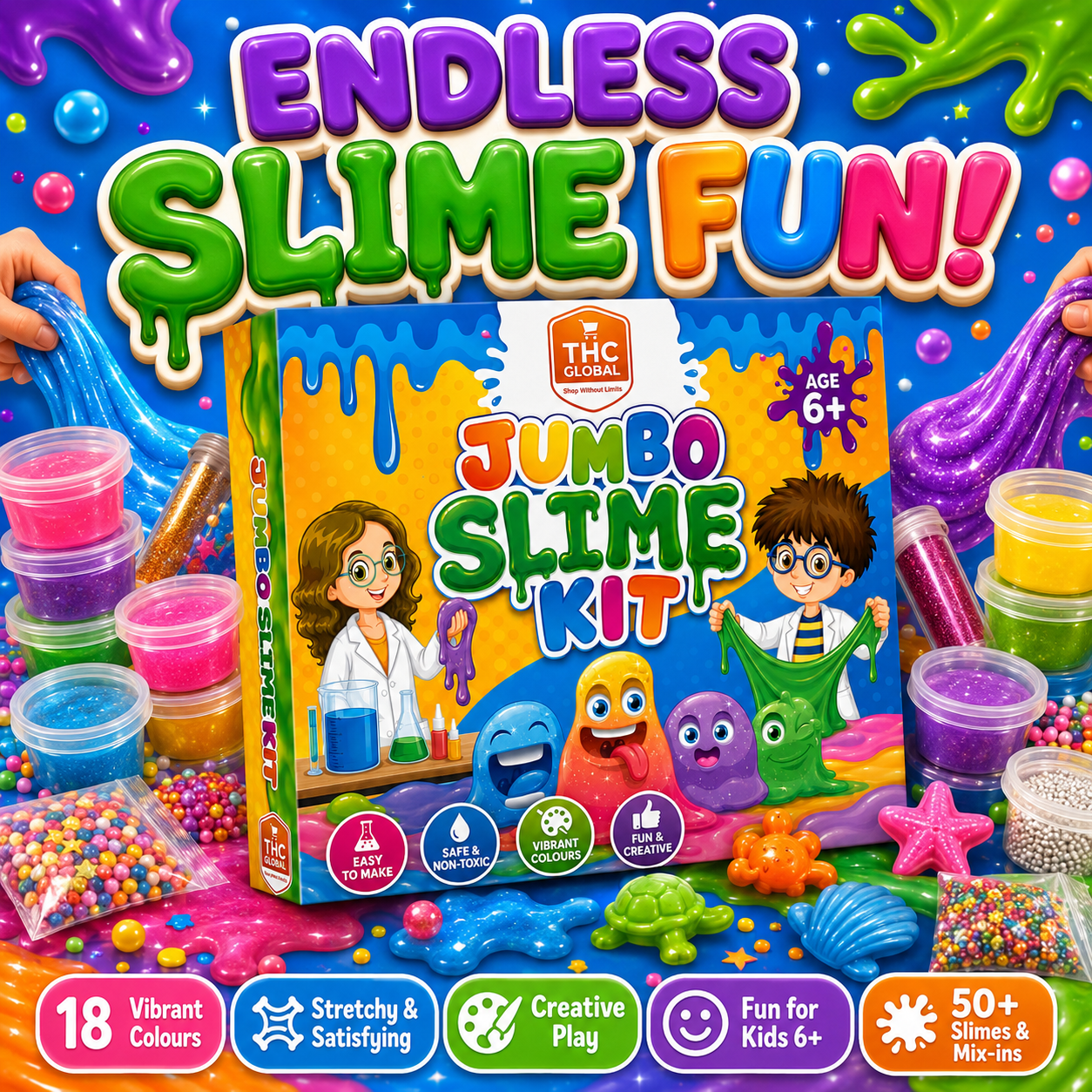 Jumbo Slime Kit for Kids 6+ – 18 Colored Slimes with 50+ Mix-Ins, DIY Non-Toxic Creative Slime Making Toy Set for Boys & Girls - Image 11