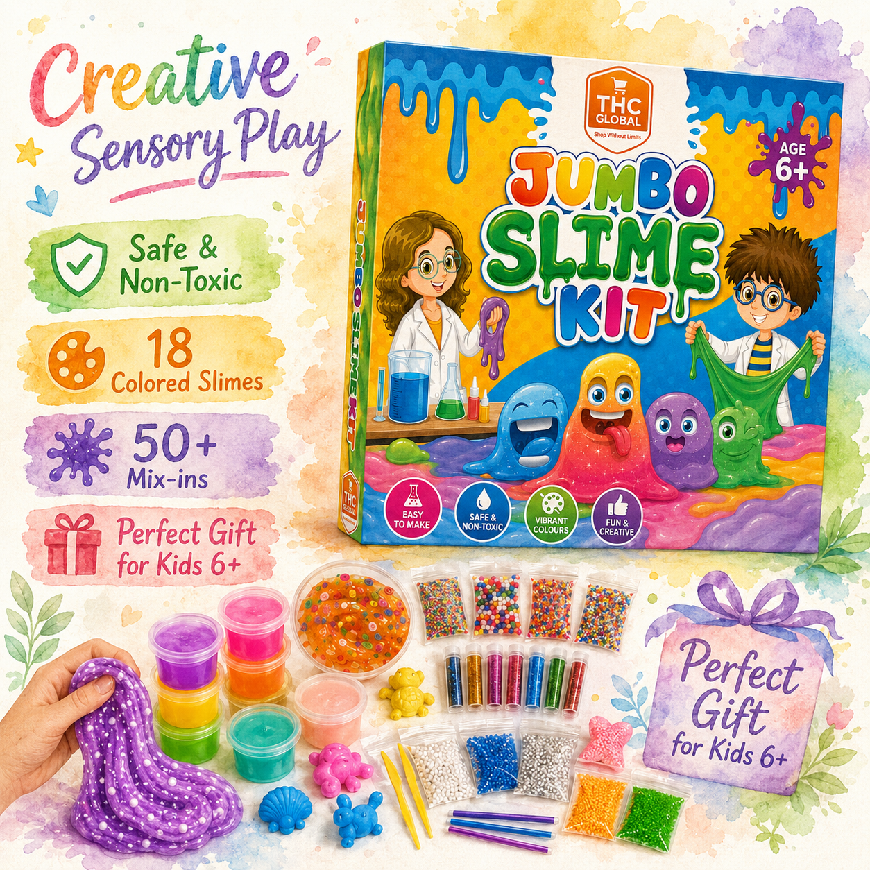 Jumbo Slime Kit for Kids 6+ – 18 Colored Slimes with 50+ Mix-Ins, DIY Non-Toxic Creative Slime Making Toy Set for Boys & Girls - Image 12