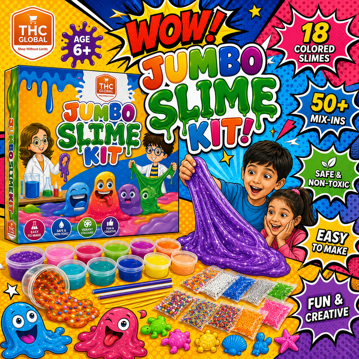 Jumbo Slime Kit for Kids 6+ – 18 Colored Slimes with 50+ Mix-Ins, DIY Non-Toxic Creative Slime Making Toy Set for Boys & Girls - Image 13
