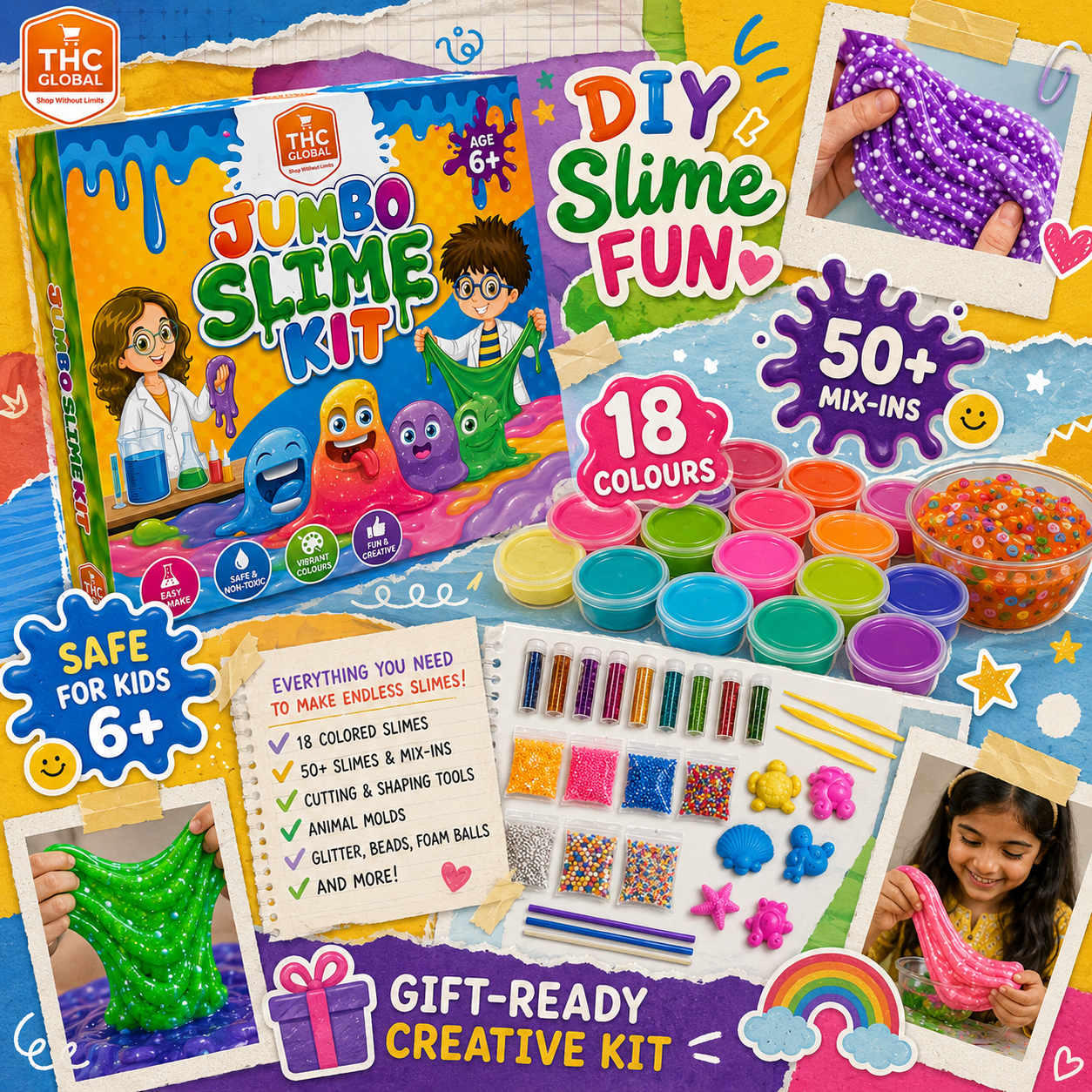 Jumbo Slime Kit for Kids 6+ – 18 Colored Slimes with 50+ Mix-Ins, DIY Non-Toxic Creative Slime Making Toy Set for Boys & Girls - Image 4