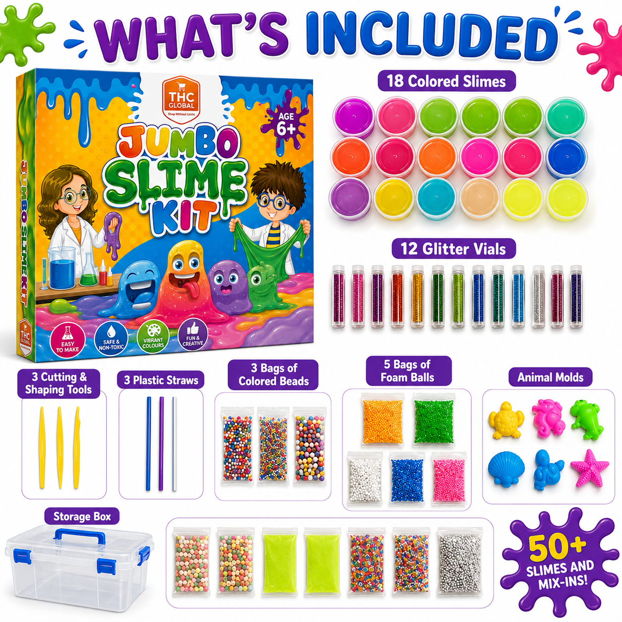 Jumbo Slime Kit for Kids 6+ – 18 Colored Slimes with 50+ Mix-Ins, DIY Non-Toxic Creative Slime Making Toy Set for Boys & Girls - Image 6