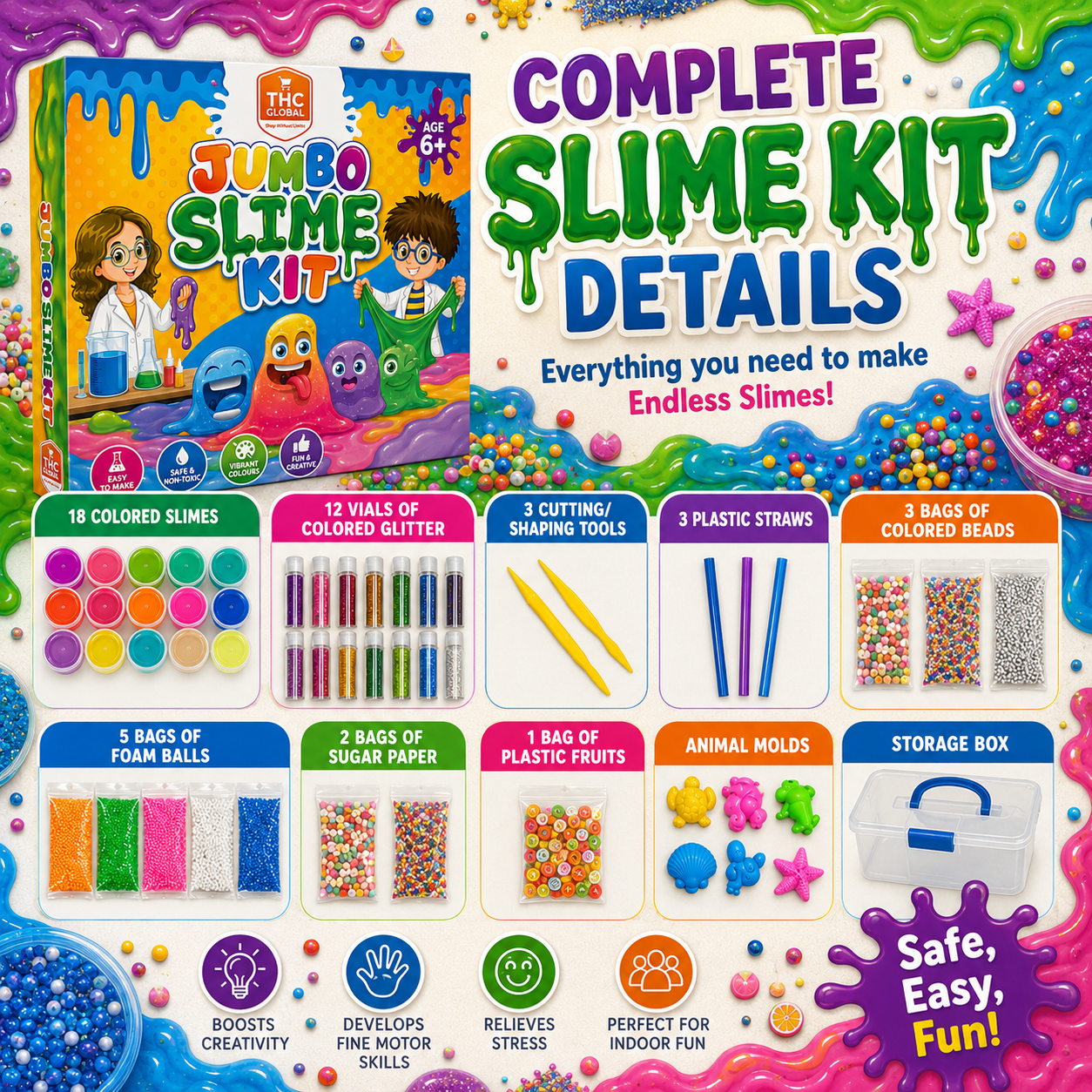 Jumbo Slime Kit for Kids 6+ – 18 Colored Slimes with 50+ Mix-Ins, DIY Non-Toxic Creative Slime Making Toy Set for Boys & Girls - Image 2