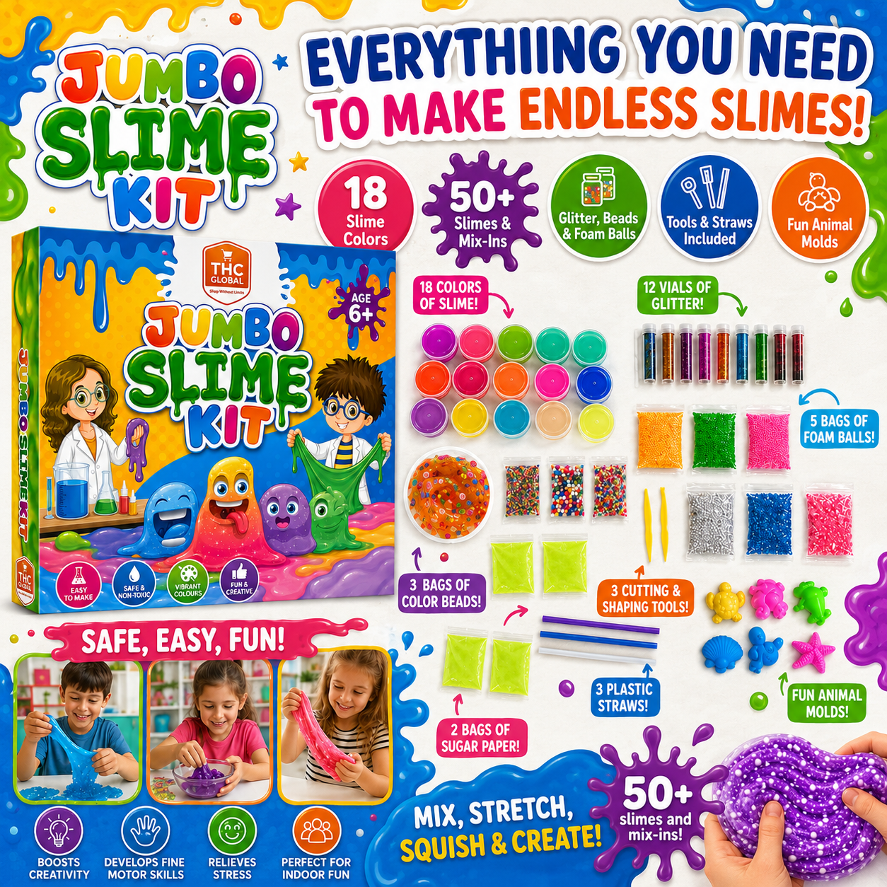 Jumbo Slime Kit for Kids 6+ – 18 Colored Slimes with 50+ Mix-Ins, DIY Non-Toxic Creative Slime Making Toy Set for Boys & Girls - Image 7