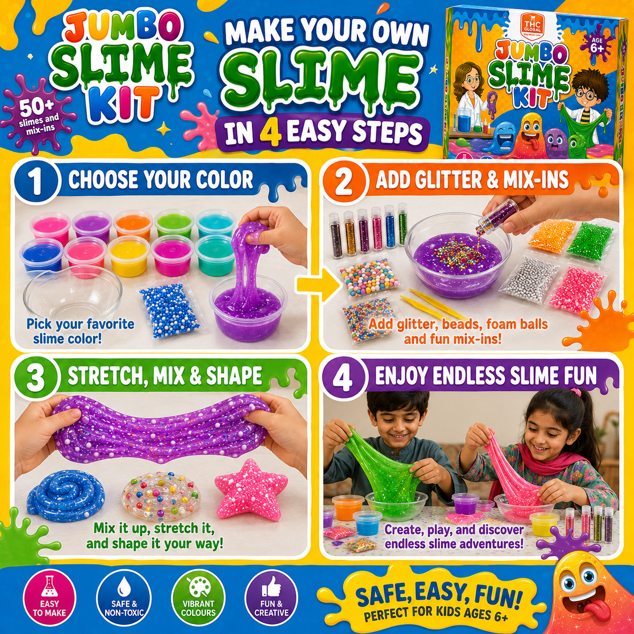 Jumbo Slime Kit for Kids 6+ – 18 Colored Slimes with 50+ Mix-Ins, DIY Non-Toxic Creative Slime Making Toy Set for Boys & Girls - Image 14