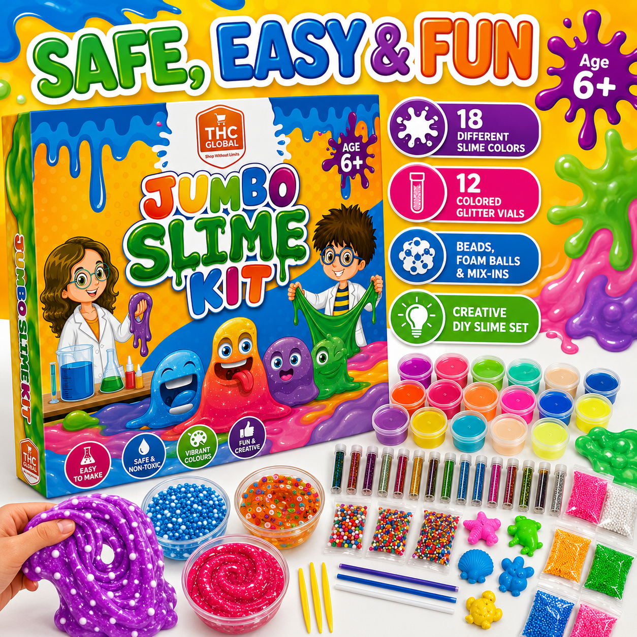 Jumbo Slime Kit for Kids 6+ – 18 Colored Slimes with 50+ Mix-Ins, DIY Non-Toxic Creative Slime Making Toy Set for Boys & Girls - Image 9