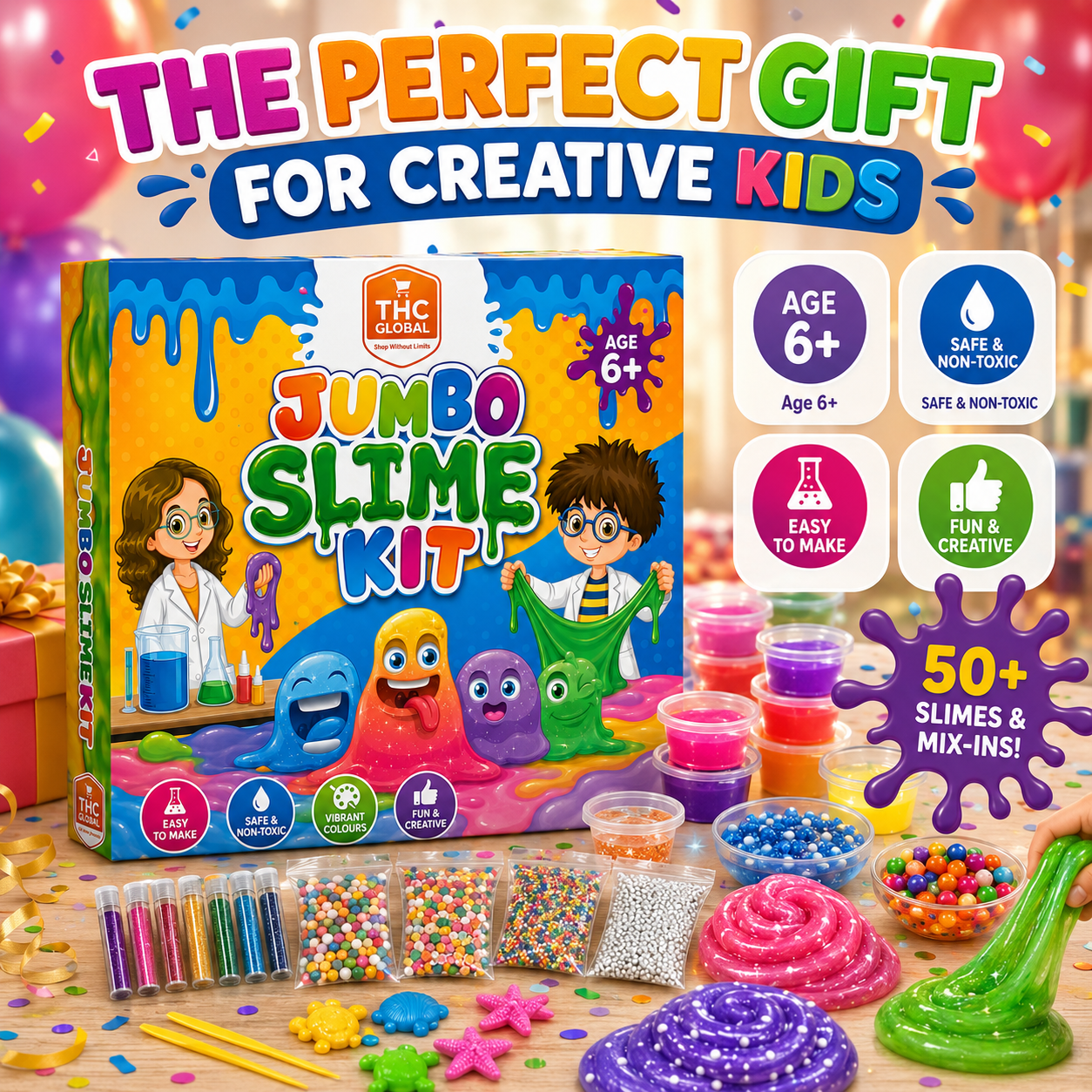 Jumbo Slime Kit for Kids 6+ – 18 Colored Slimes with 50+ Mix-Ins, DIY Non-Toxic Creative Slime Making Toy Set for Boys & Girls - Image 3