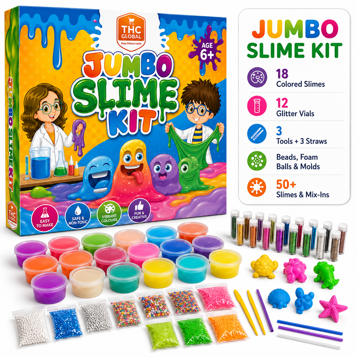Jumbo Slime Kit for Kids 6+ – 18 Colored Slimes with 50+ Mix-Ins, DIY Non-Toxic Creative Slime Making Toy Set for Boys & Girls