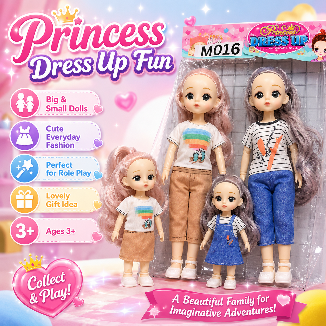 Princess Dress Up Doll Set for Girls – 2 Pcs Big & Small Fashion Dolls with Clothes & Shoes – Cute Play Doll Toy Gift for Kids – Random Design - Image 2