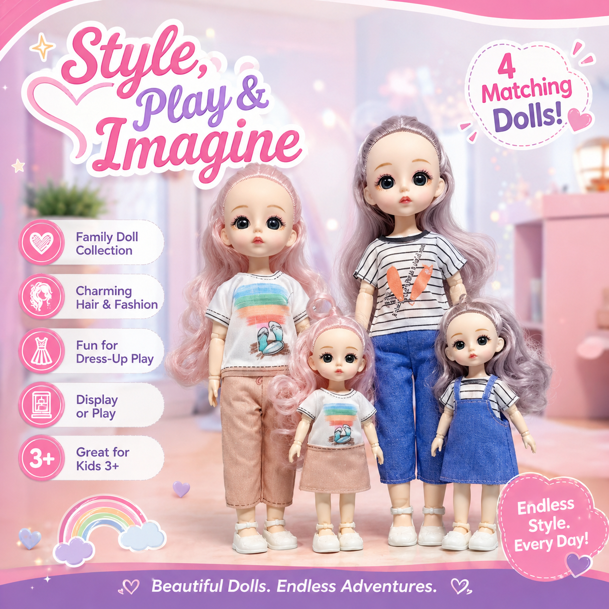 Princess Dress Up Doll Set for Girls – 2 Pcs Big & Small Fashion Dolls with Clothes & Shoes – Cute Play Doll Toy Gift for Kids – Random Design - Image 3