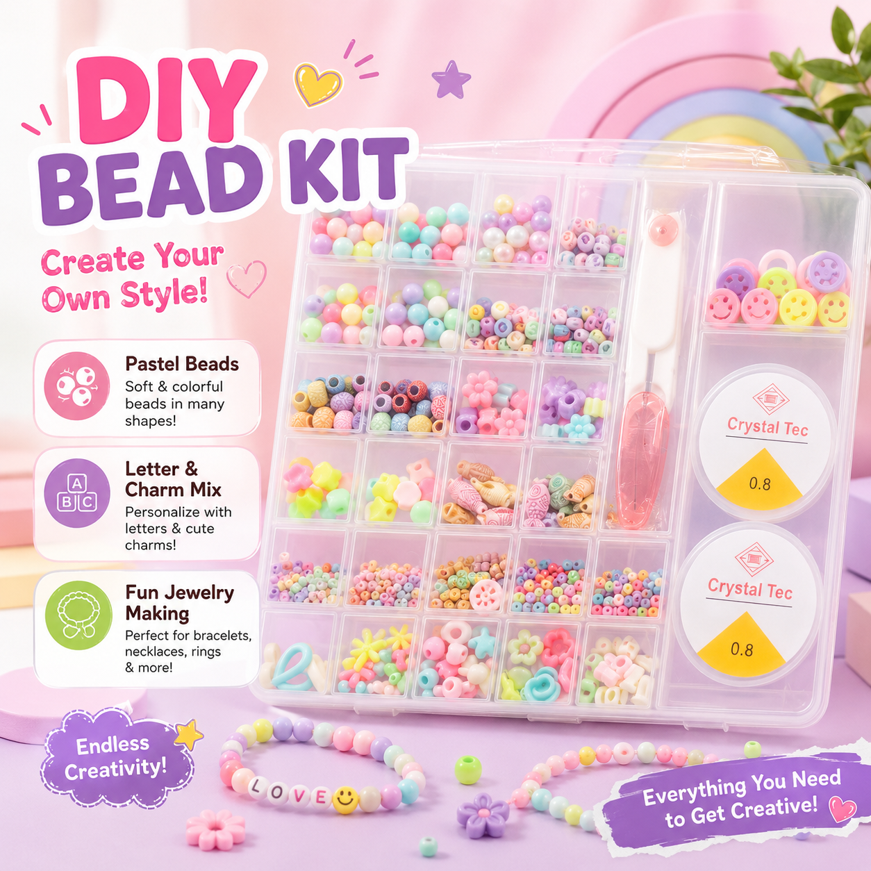 DIY Beads Bracelet Making Kit for Girls – Jewellery Making Set with Colorful Beads, Letter Beads, Elastic String, Scissors & Storage Box - Image 2