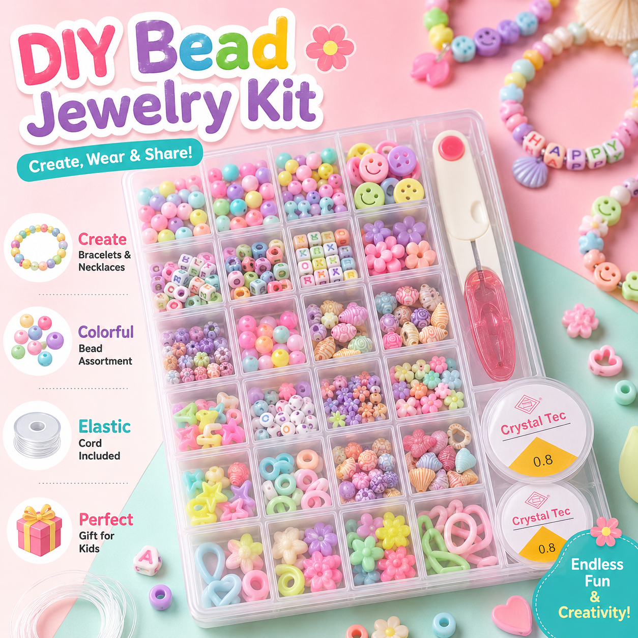 DIY Beads Bracelet Making Kit for Girls – Jewellery Making Set with Colorful Beads, Letter Beads, Elastic String, Scissors & Storage Box - Image 3