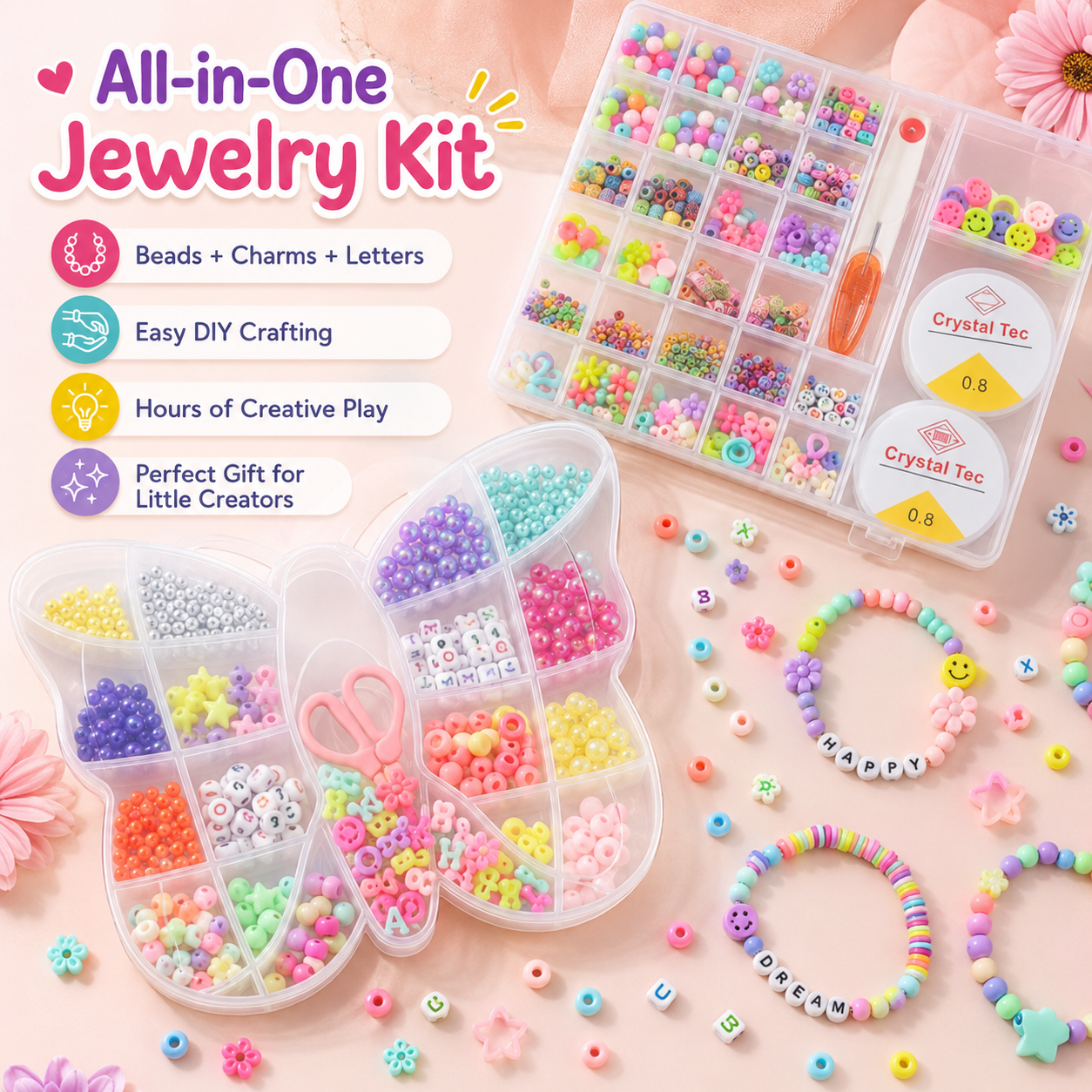 DIY Beads Bracelet Making Kit for Girls – Jewellery Making Set with Colorful Beads, Letter Beads, Elastic String, Scissors & Storage Box - Image 4