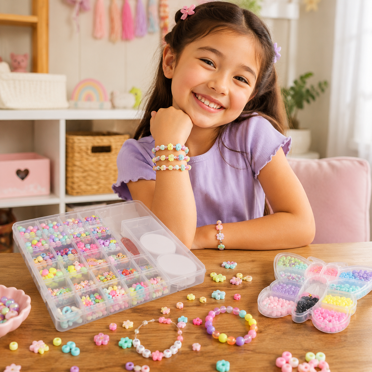 DIY Beads Bracelet Making Kit for Girls – Jewellery Making Set with Colorful Beads, Letter Beads, Elastic String, Scissors & Storage Box - Image 7