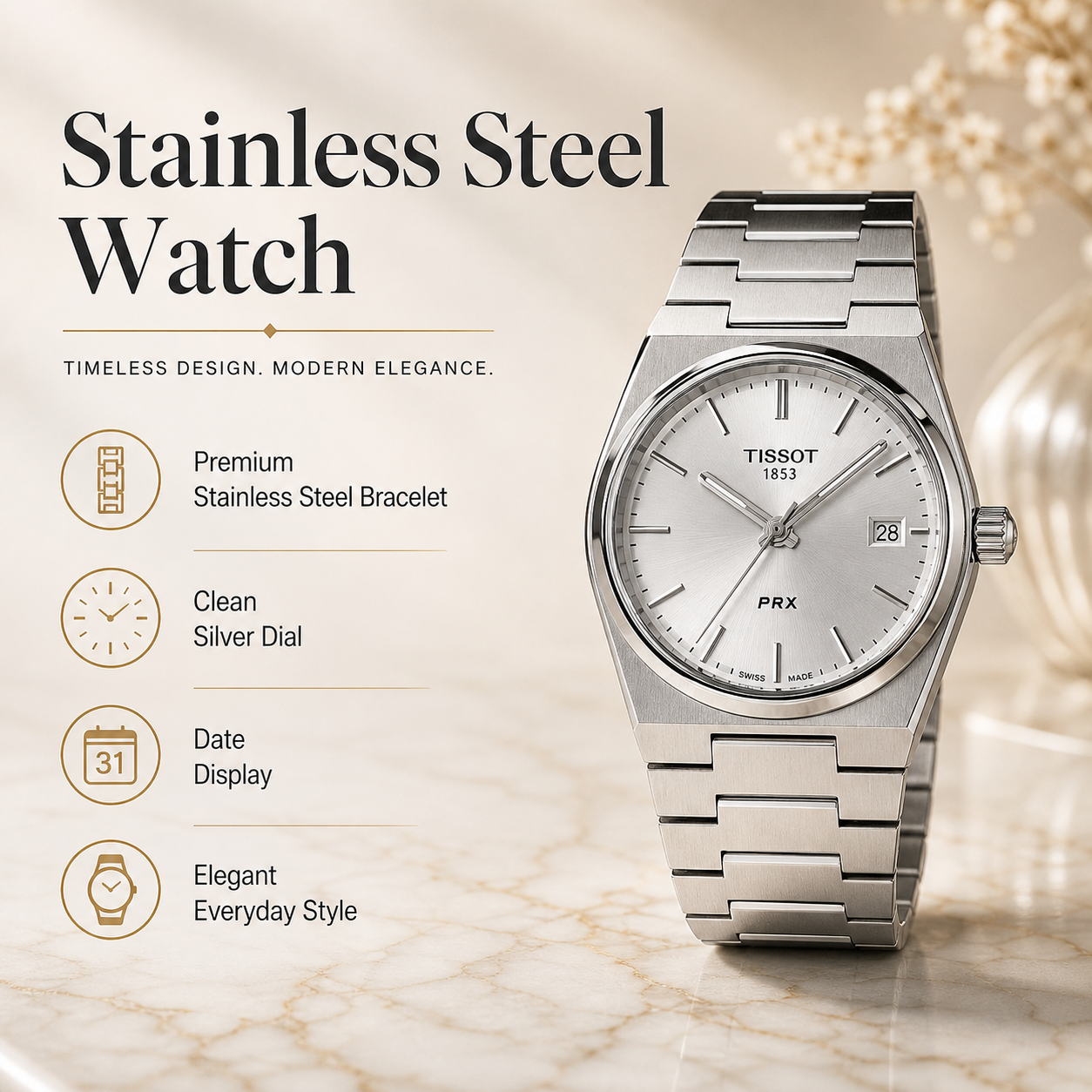Men’s Stainless Steel Analog Wrist Watch – Silver Bracelet Watch with Date Display, Clean Dial & Elegant Everyday Style - Image 7