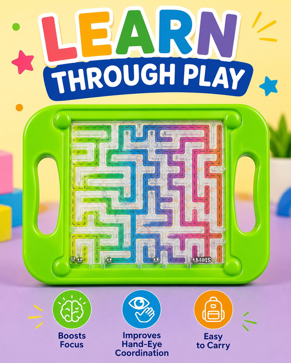 Kids Maze Puzzle Toy – Handheld Balance Ball Maze Game with Handles – Educational Brain Teaser Puzzle Board for Children, Travel & Indoor Play - Image 4